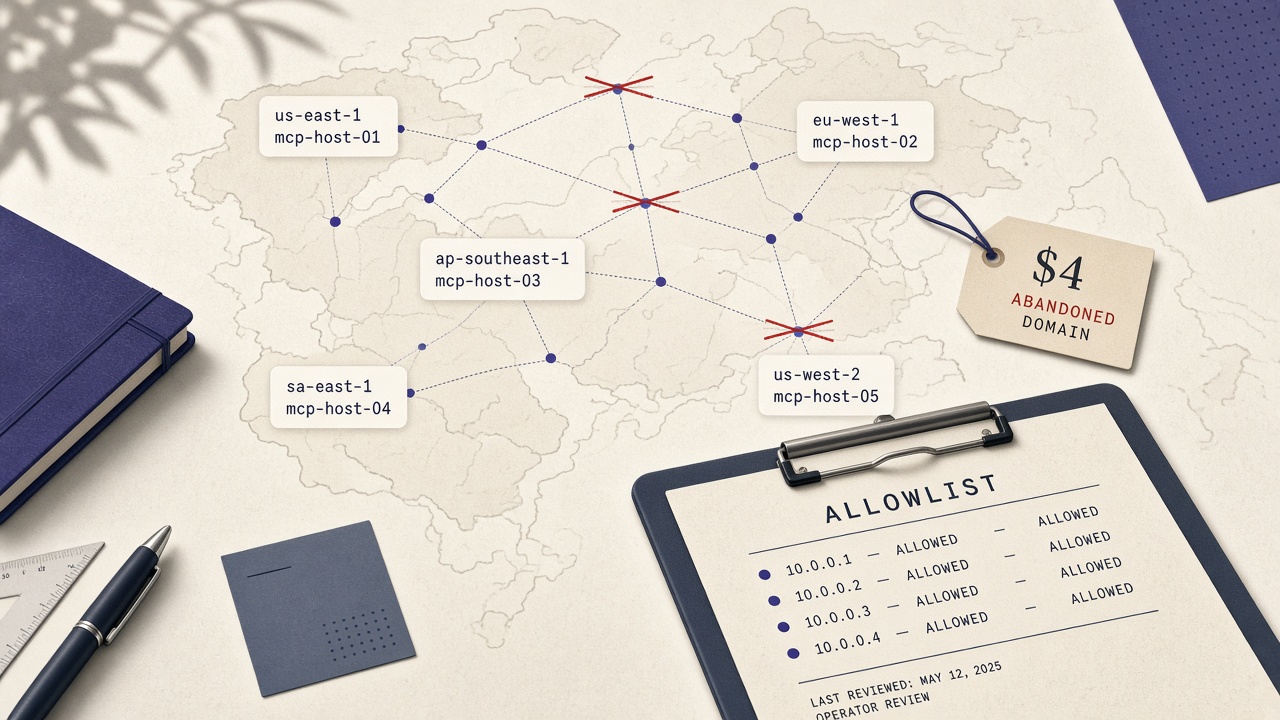 Operator clipboard allowlist in front of a map of MCP hostnames with abandoned domains marked