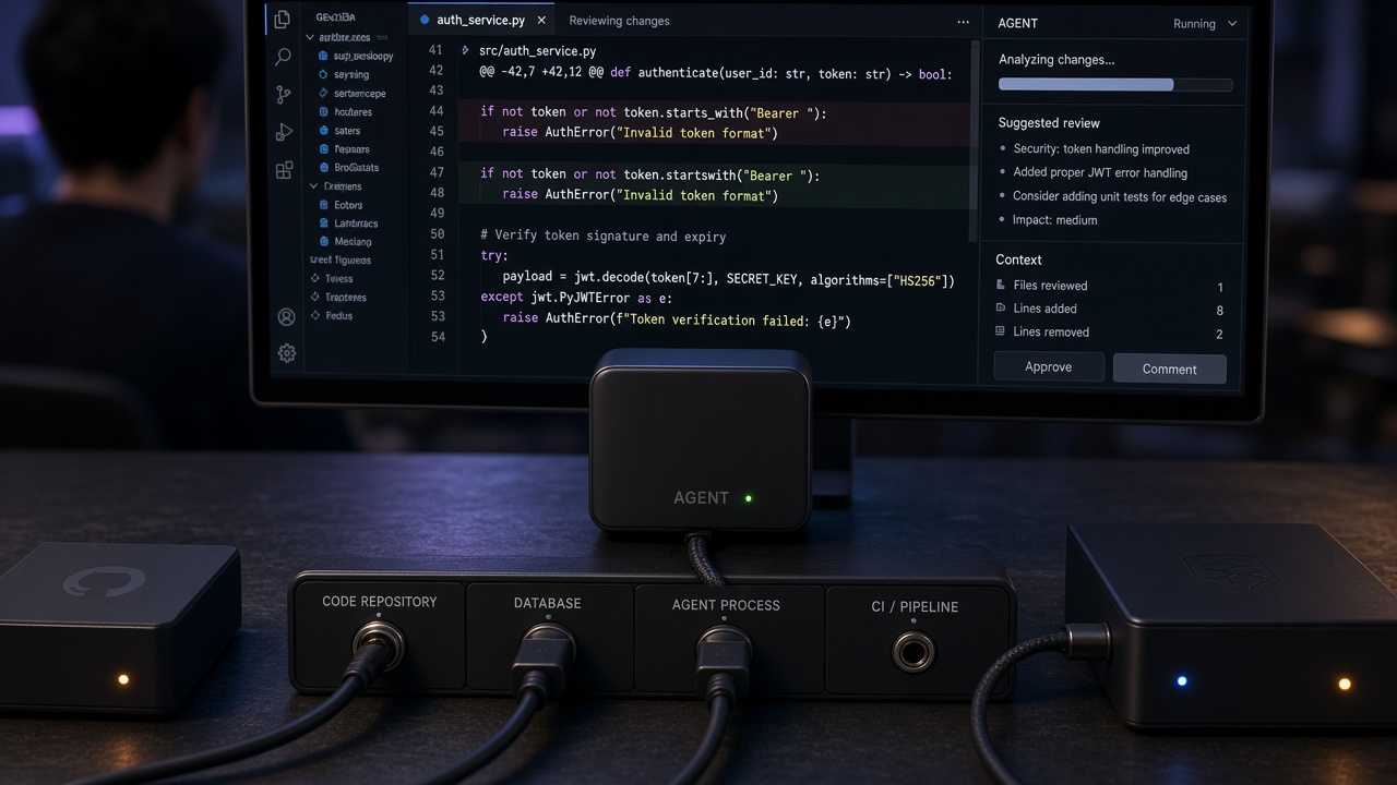 Two-layer operator desk: a code editor reviewing agent diffs on top, tool sockets to git, database, and CI below, with the agent connecting both
