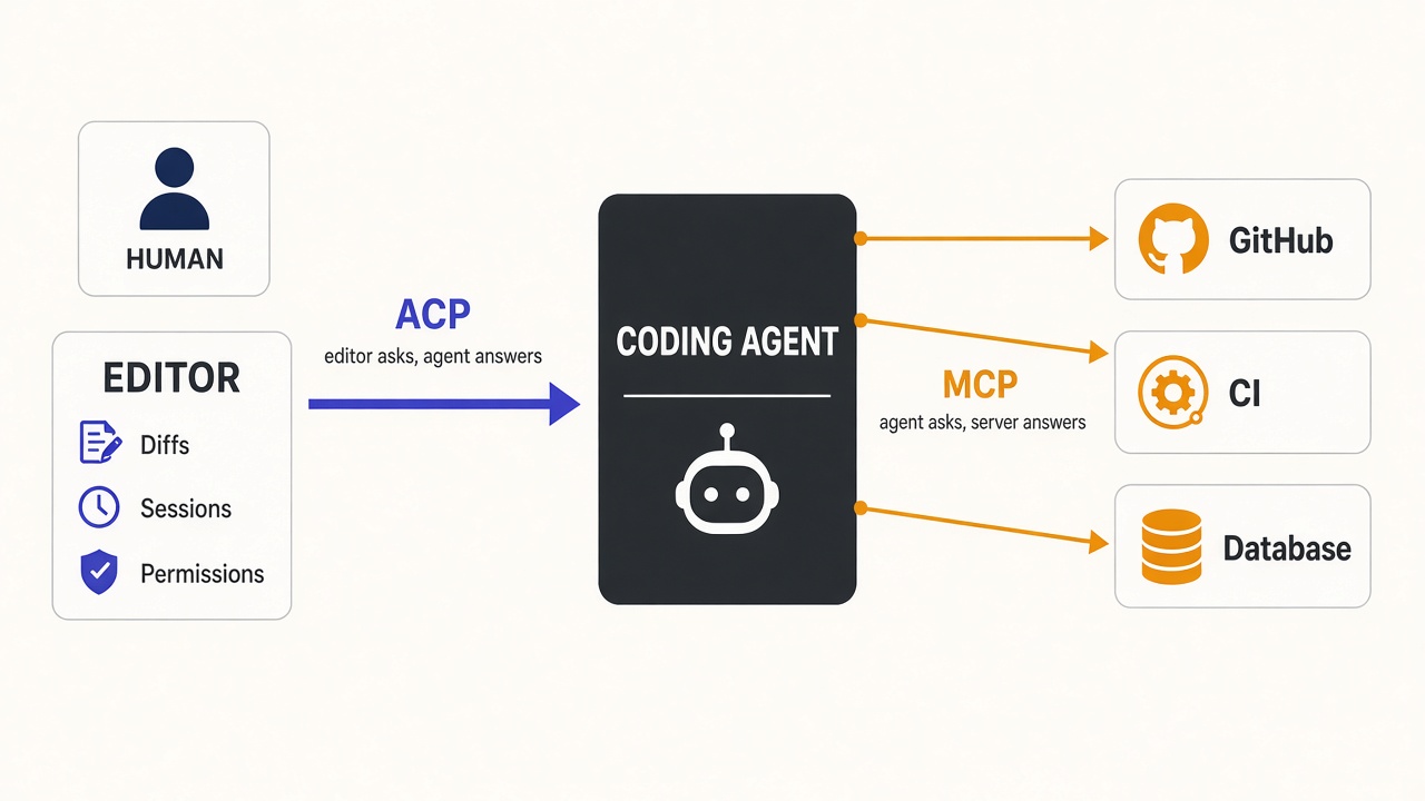 Diagram: a human and an editor connect to a coding agent over ACP; the same agent connects to GitHub, CI, and a database over MCP