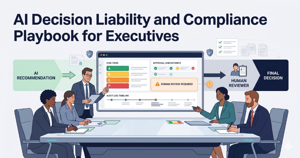 Executive team reviewing AI decision controls, audit logs, and accountability framework