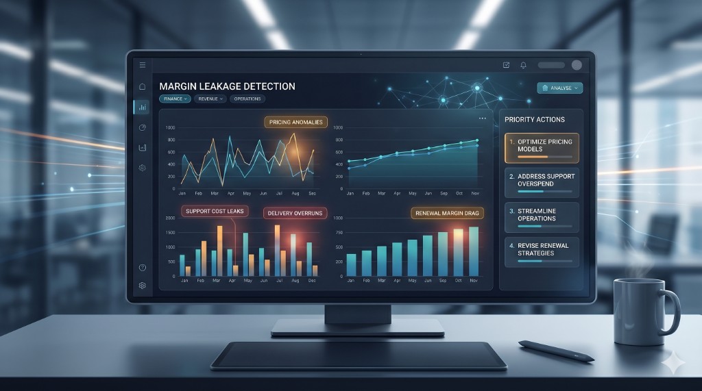 Executive dashboard highlighting margin leakage signals and prioritized corrective actions
