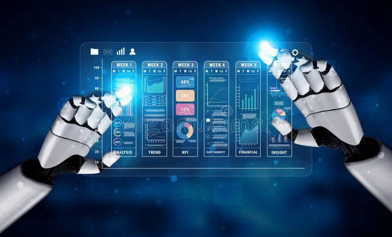 AI robotic hands reviewing a weekly executive analytics dashboard
