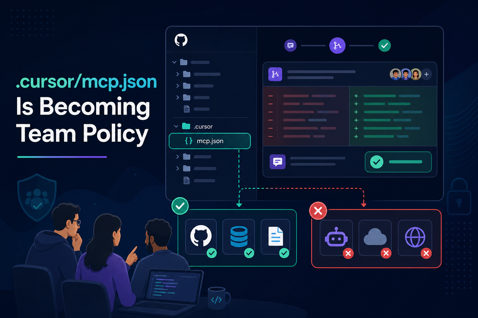 Git pull request reviewing a shared .cursor/mcp.json file with approved and blocked MCP tool connections