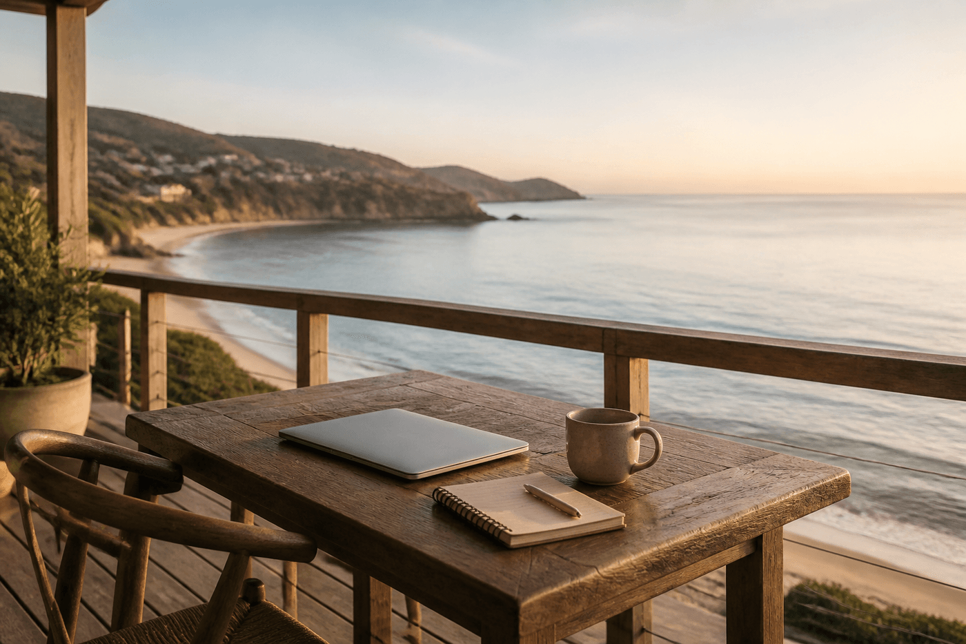 Quiet morning by the sea with a closed laptop and notebook — last day of vacation clarity