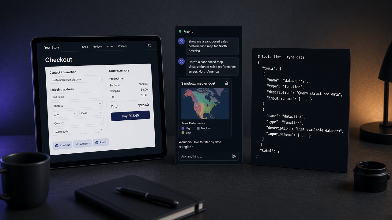 Three agent surfaces on an operator desk: a live website with page tools, a chat iframe widget, and a JSON tools list