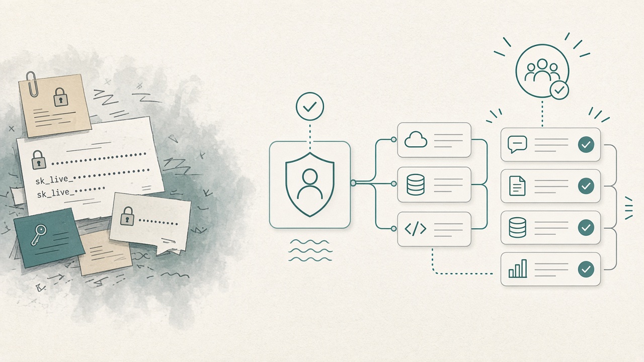 Personal API keys fading on the left while an identity gate unlocks a short allowlist of MCP connectors on the right