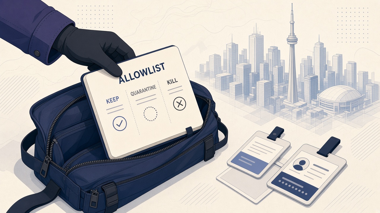 Operator packing an allowlist notebook before a Toronto MCP conference