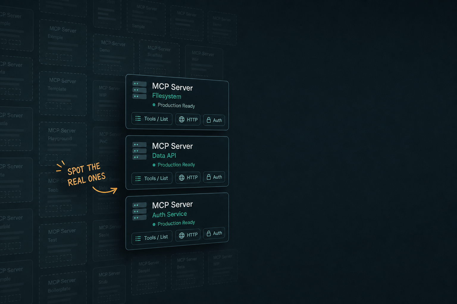 Crowded grid of faint MCP server cards with a few production-ready servers highlighted by clear tools and auth badges