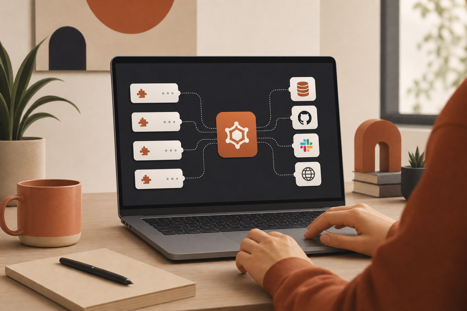 Developer workspace with modular MCP server connections linking AI clients to databases, APIs, and SaaS tools