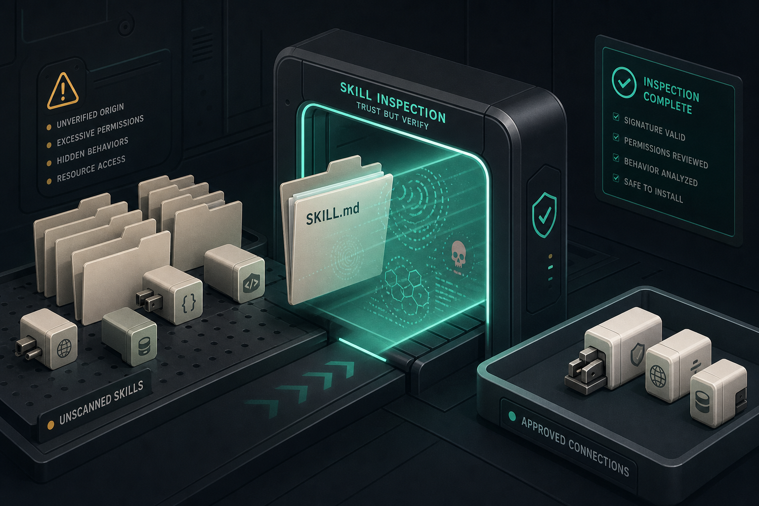 A teal inspection gate scanning skill folders and MCP connectors, filtering hidden glyphs before anything is approved