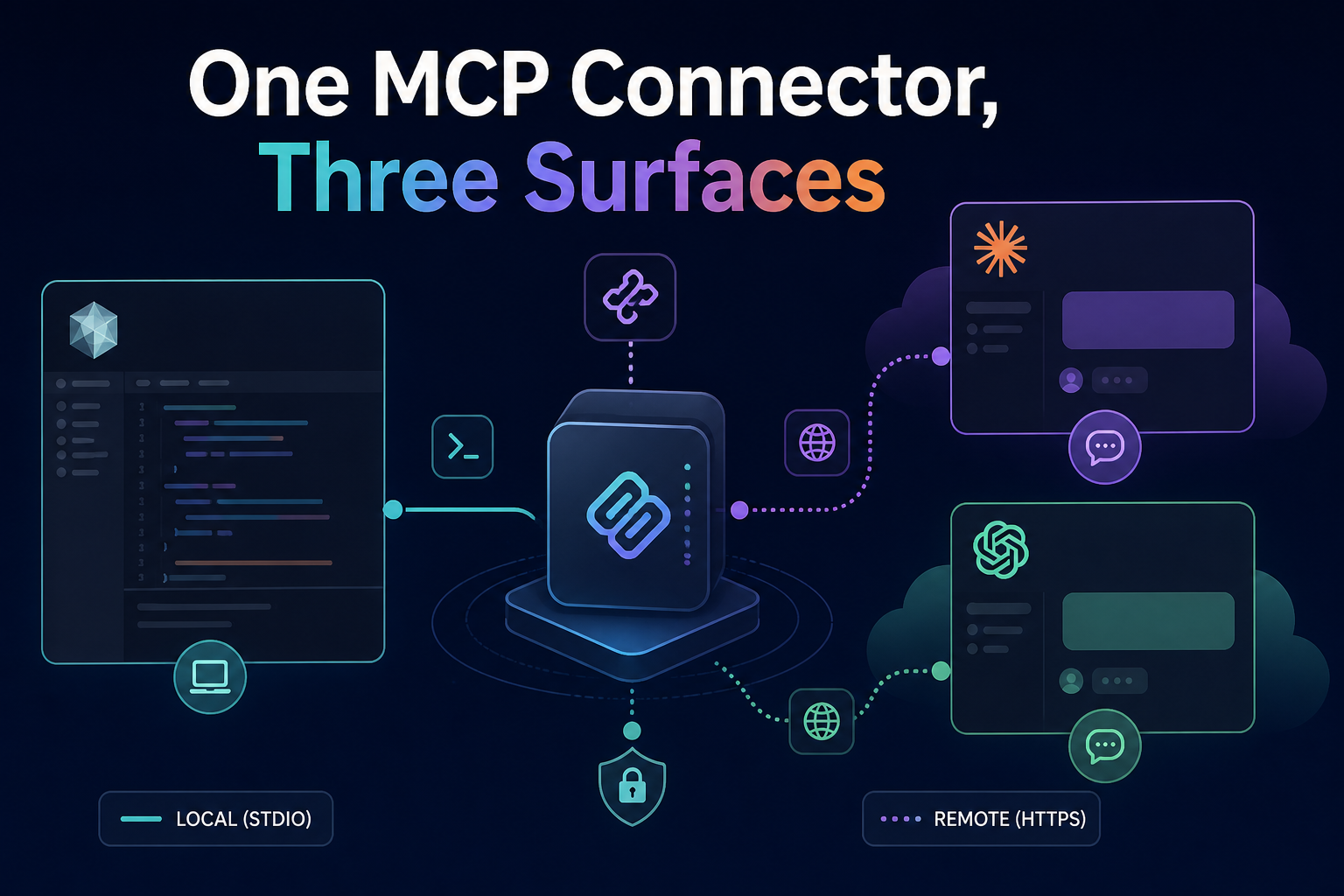 One MCP server hub connecting to Cursor IDE, Claude chat, and ChatGPT through different transport paths