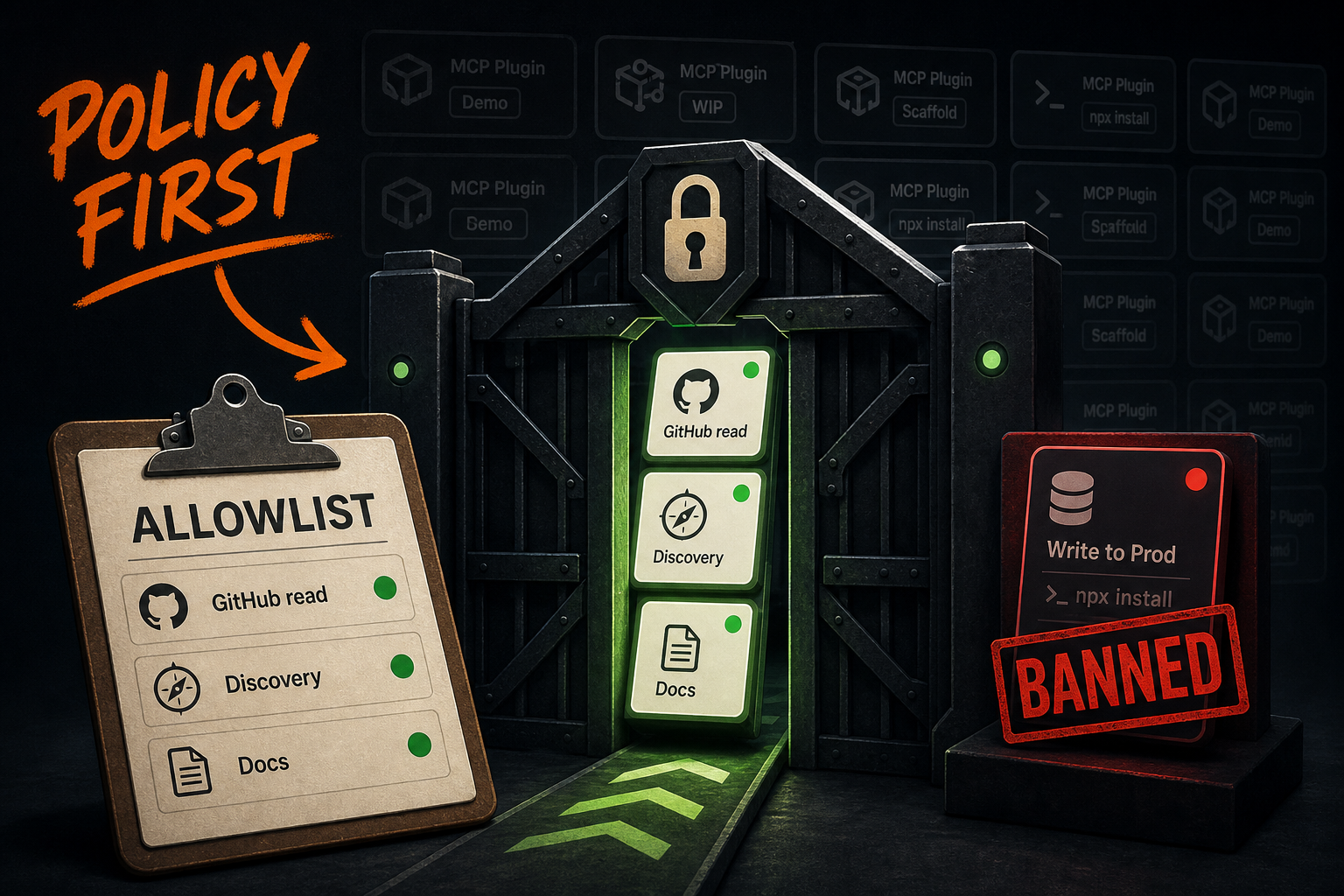 A locked allowlist checkpoint letting only approved MCP servers through while a pile of unvetted plugins wait behind the gate