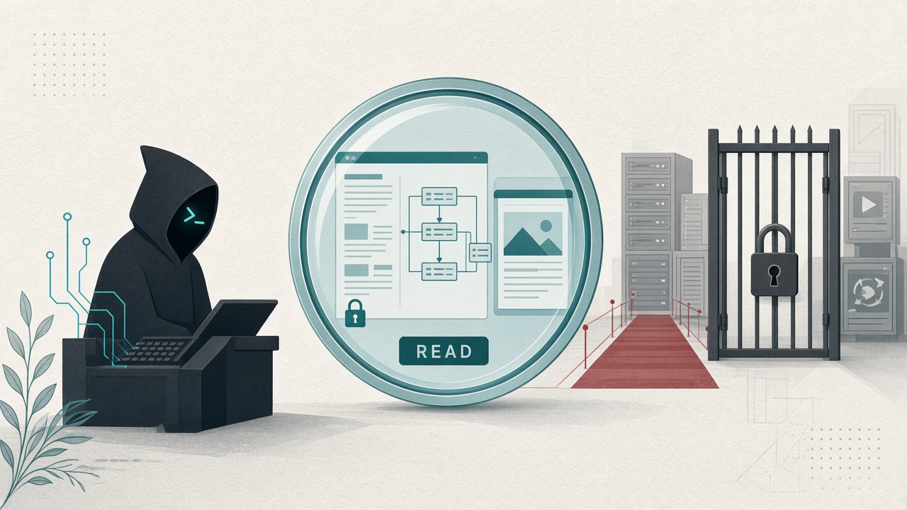 An agent looks through a clear lens at read-only docs and schemas while a locked gate blocks the write path to production