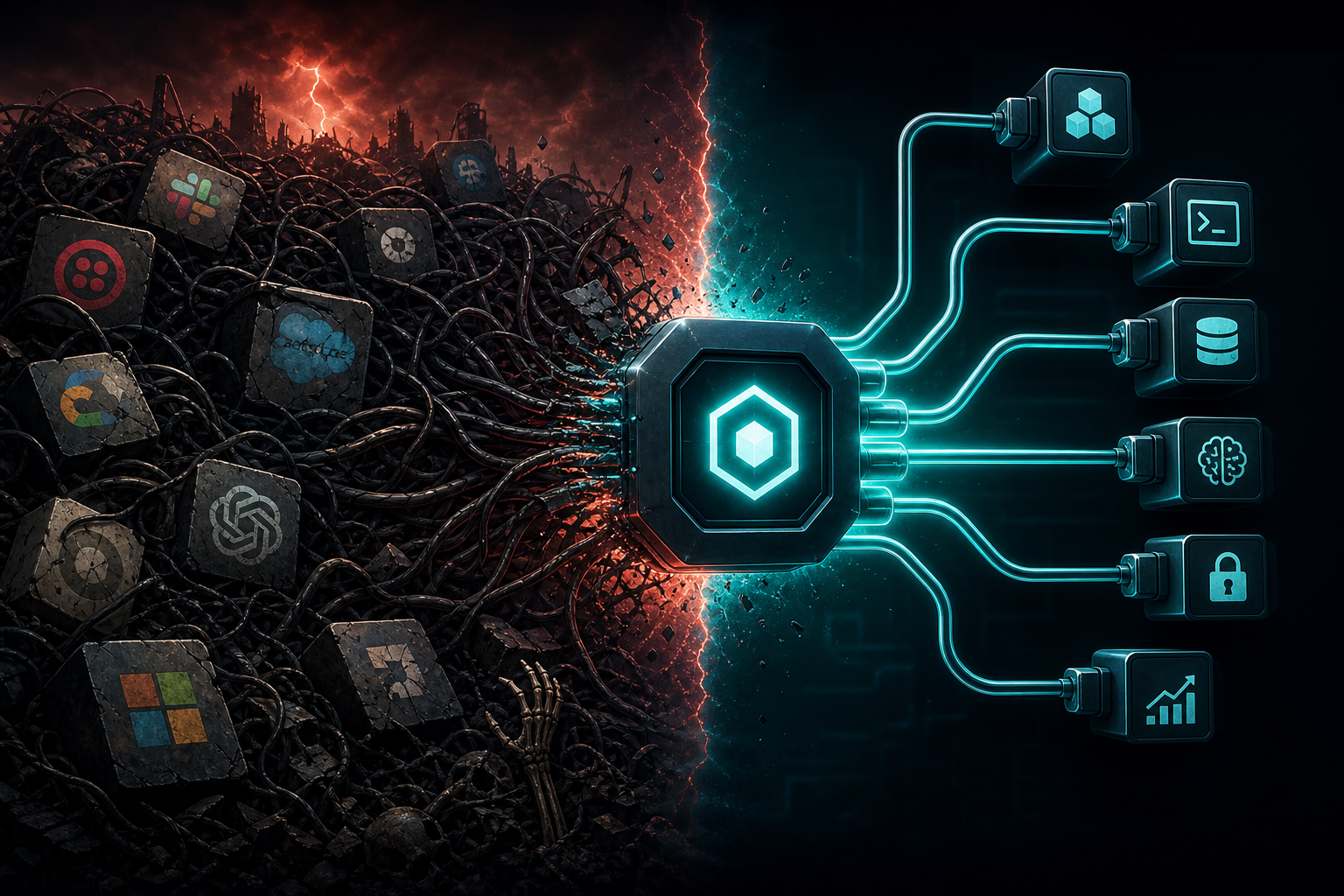 Tangled legacy API integrations versus a clean MCP server hub connecting modular tools