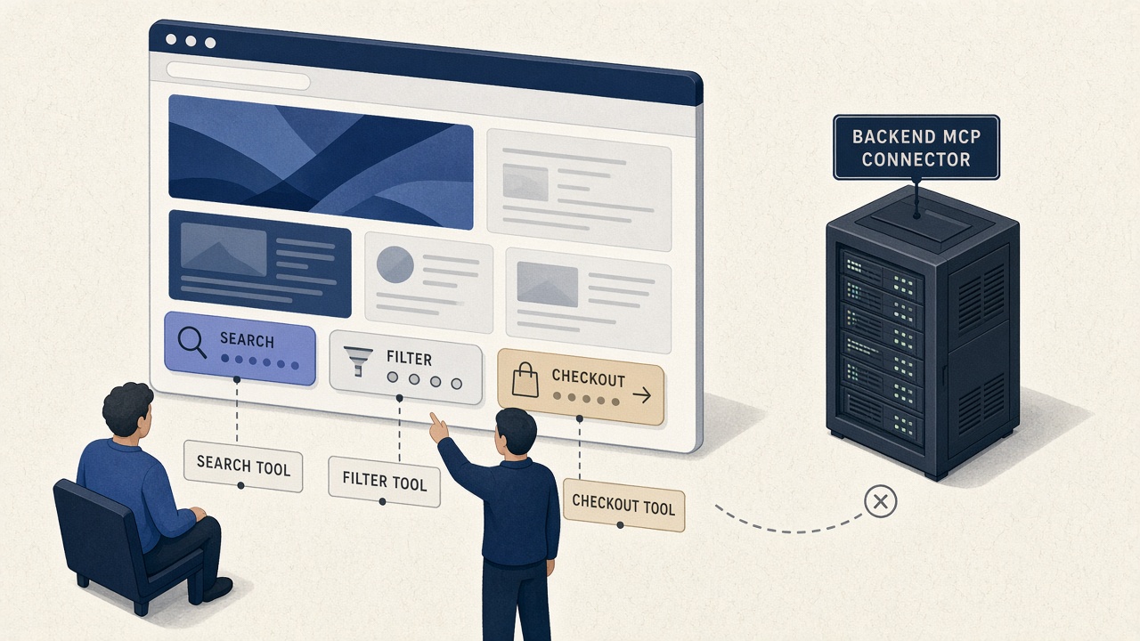 A live webpage exposing site tools while a separate backend MCP connector stays off the page