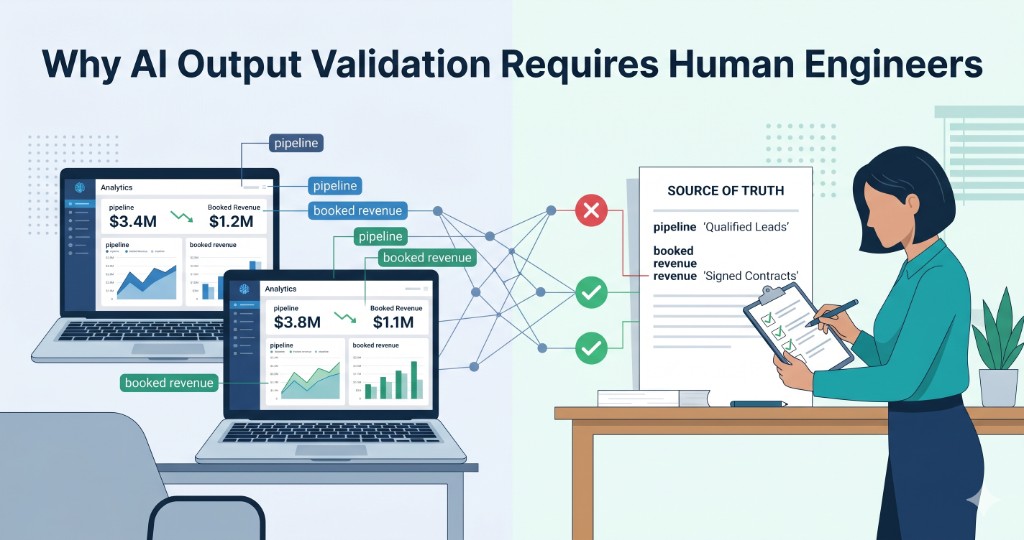 Human engineer validating conflicting AI pipeline and revenue dashboards against a source-of-truth definition document